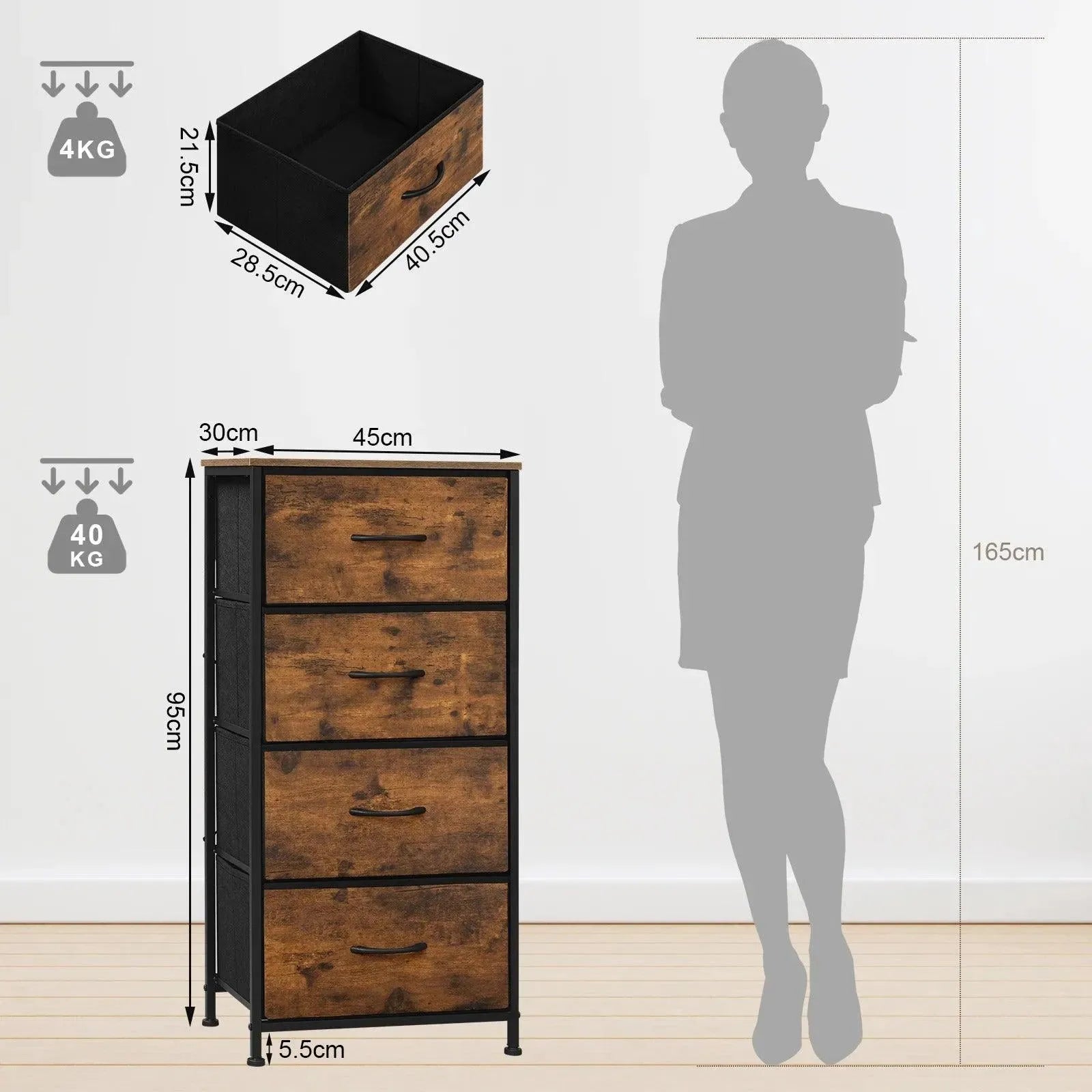 Feronza™ Smalle Ladenkast met 4 Lades – Stoffen Sideboard, Opbergruimte voor Slaapkamer, Woonkamer, Hal en Thuisorganisatie - Feronza