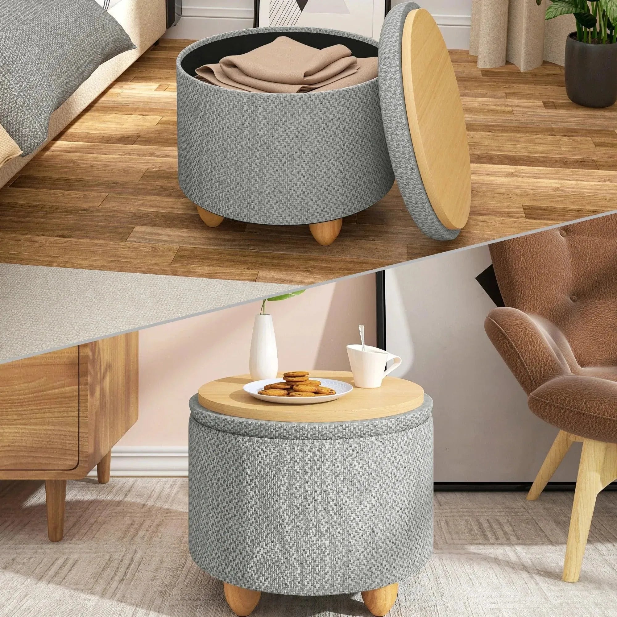 FERONZA™ Storage Pouf – Geïnspireerde Opbergpoef met Deksel, Vouwbaar, en Met Dennenhouten Poten – Ruimtebesparende Oplossing - Feronza