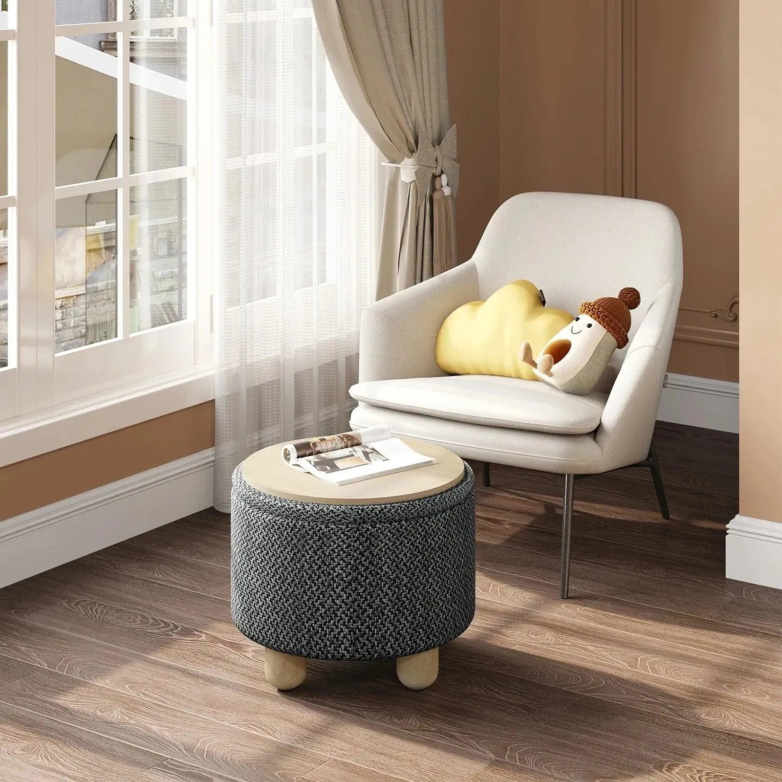 FERONZA™ Storage Pouf – Geïnspireerde Opbergpoef met Deksel, Vouwbaar, en Met Dennenhouten Poten – Ruimtebesparende Oplossing - Feronza