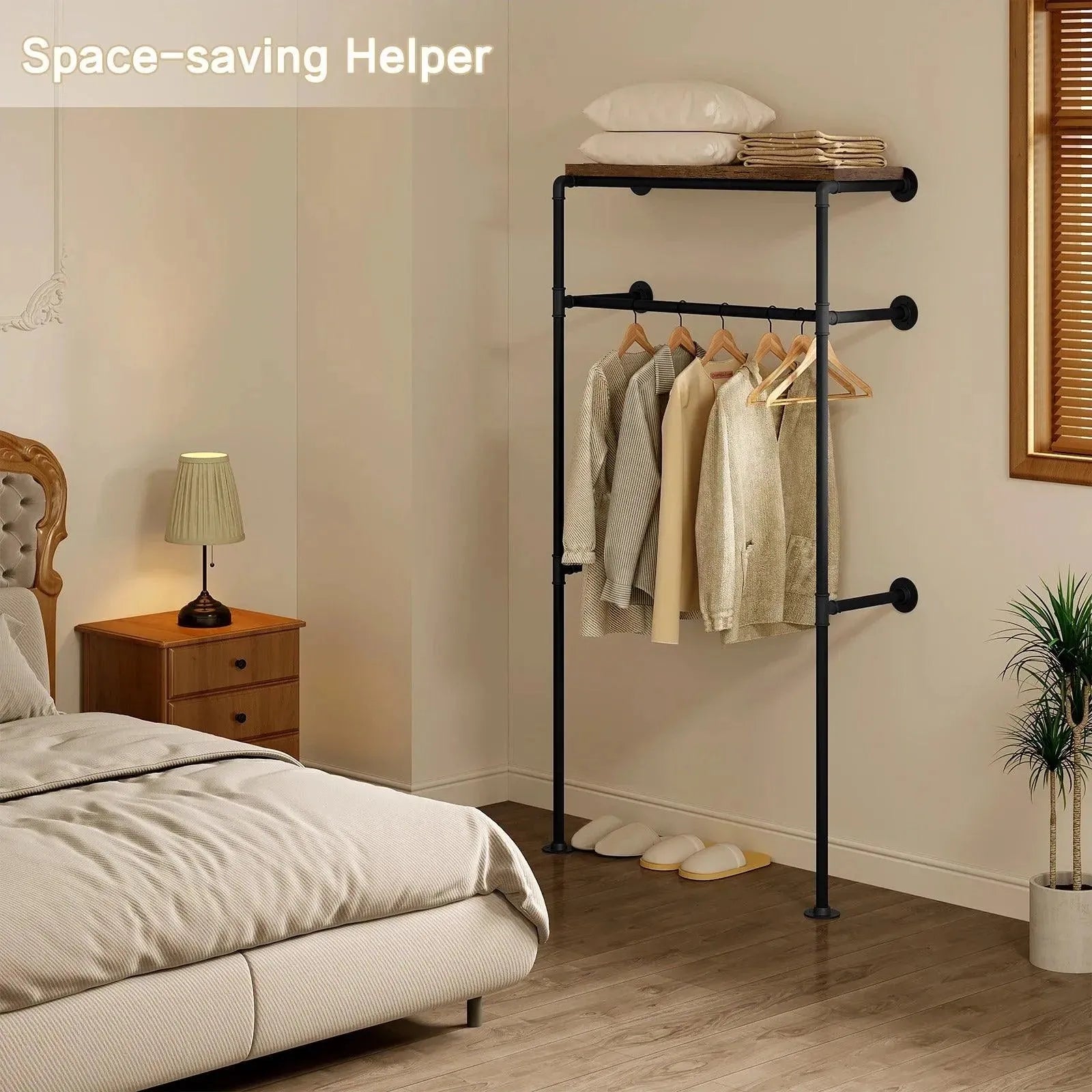 Feronza™ Wandgemonteerde Kledingrek - Stalen Buis Industrieel Kledingrek met MDF Plank voor Kleedkamer - Feronza