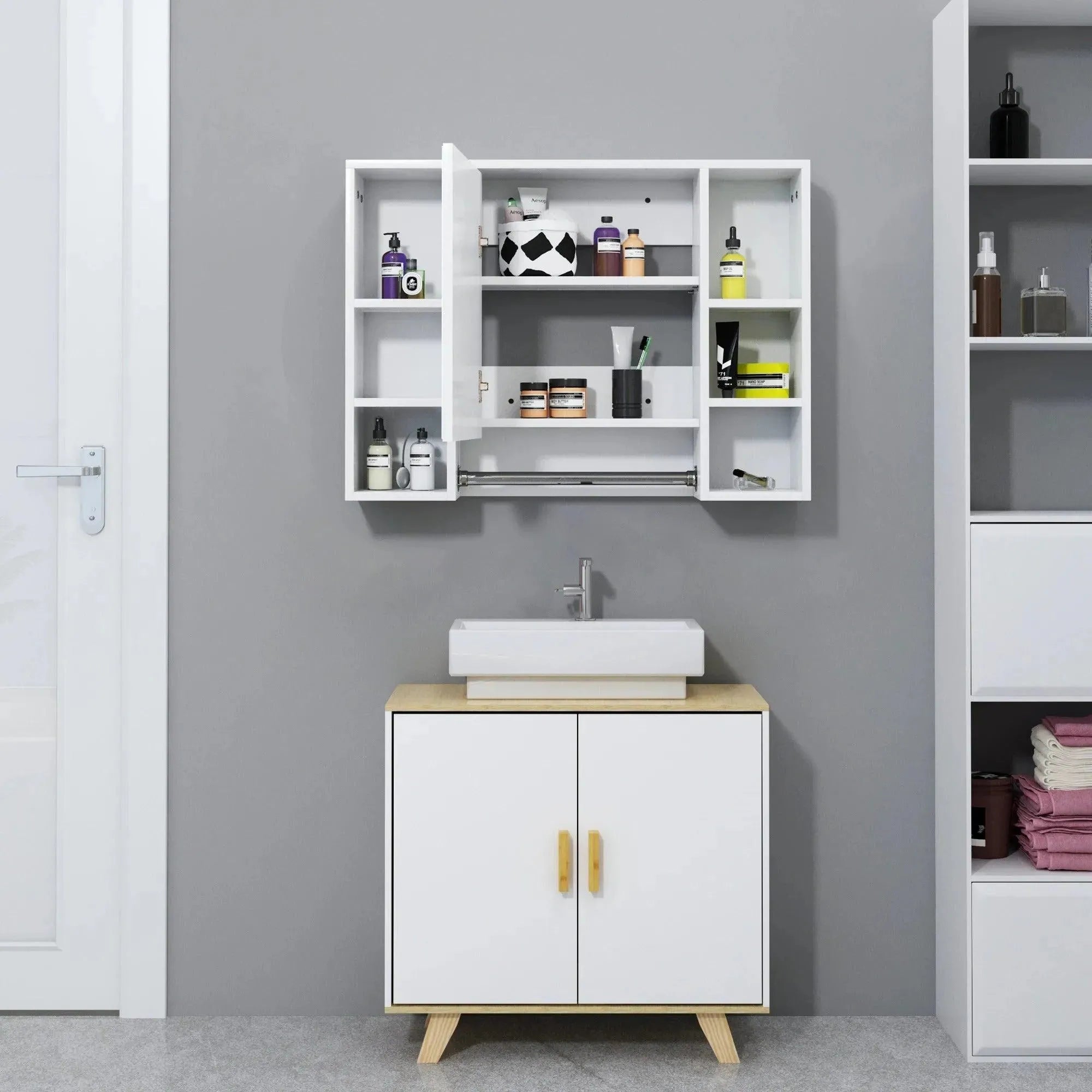 Feronza™ Witte Badkamerkast met Spiegel - Wandkast met 8 Schappen en Deur 80 x 20 x 60 cm - Feronza