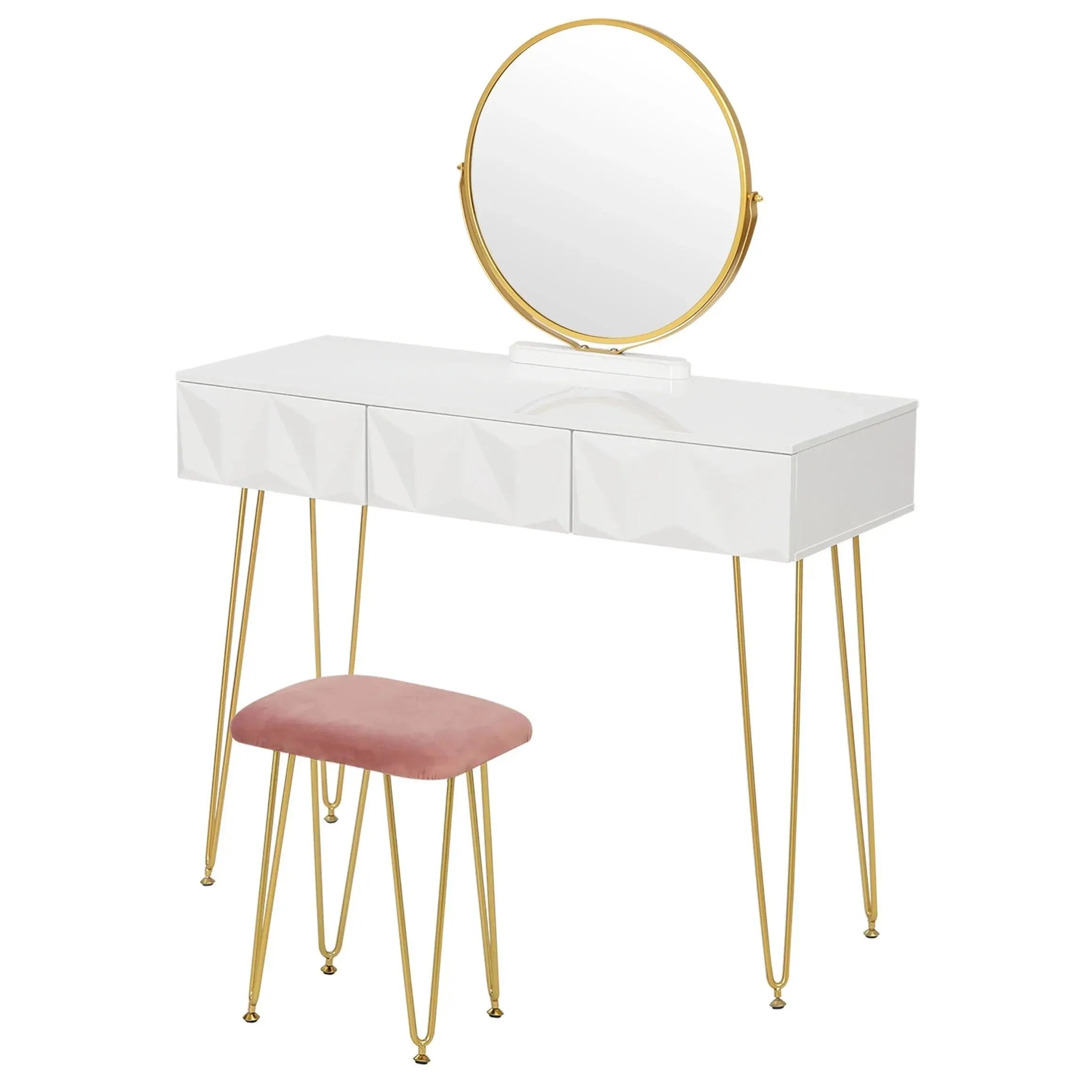 Feronza™ Witte Gouden Kaptafel met 360° Draaibare Spiegel en 3 Lades - Inclusief Fluwelen Kruk - Feronza