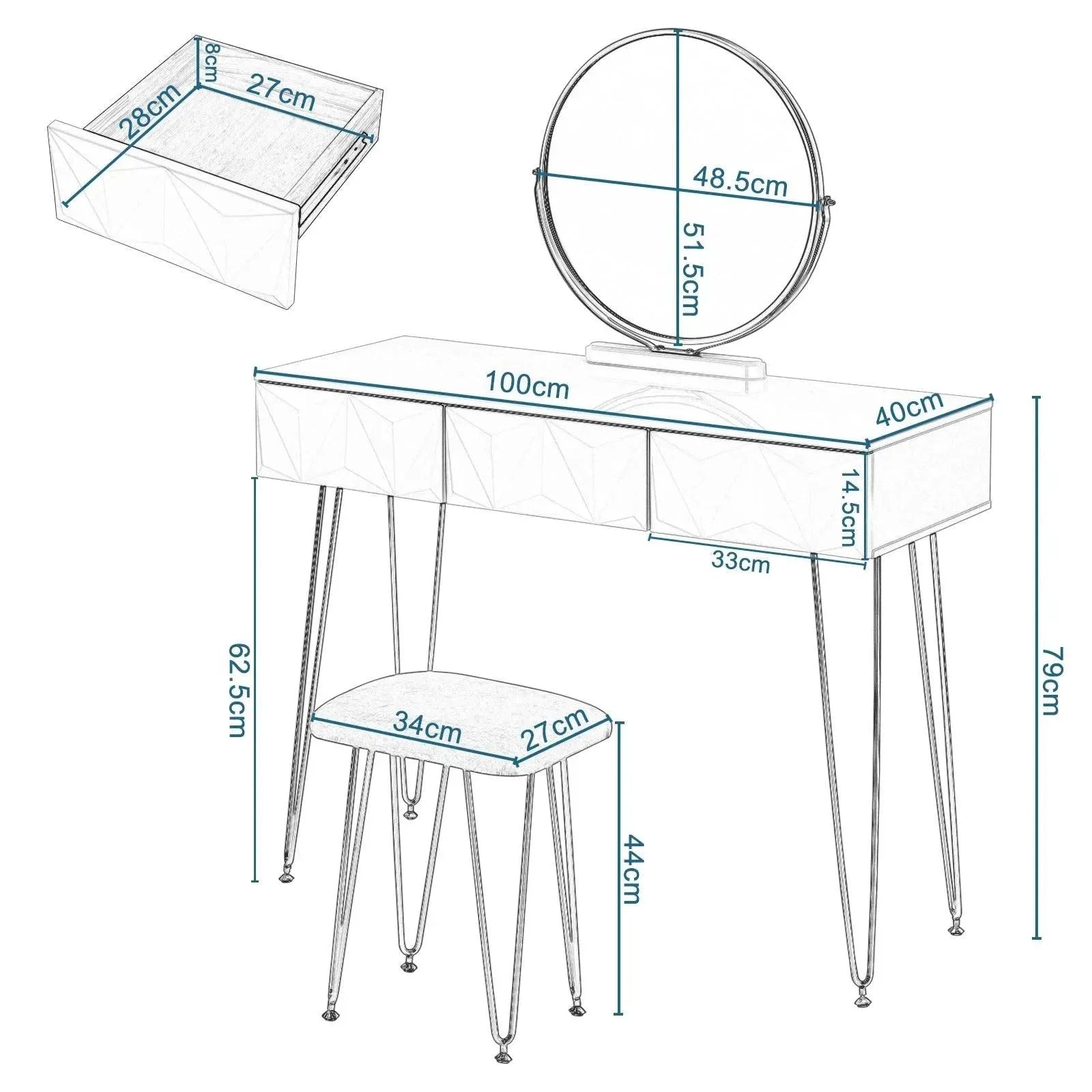 Feronza™ Witte Gouden Kaptafel met 360° Draaibare Spiegel en 3 Lades - Inclusief Fluwelen Kruk - Feronza