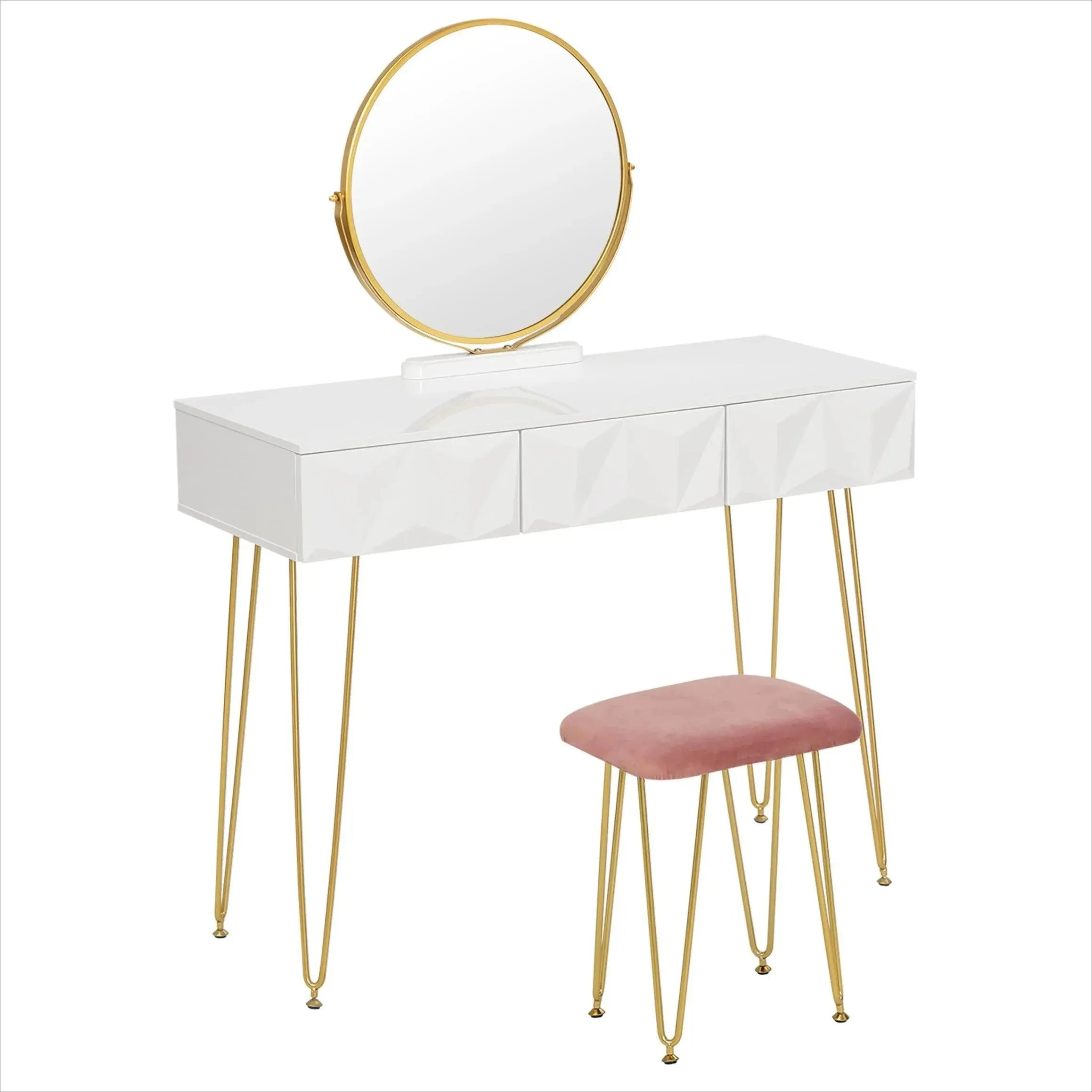 Feronza™ Witte Gouden Kaptafel met 360° Draaibare Spiegel en 3 Lades - Inclusief Fluwelen Kruk - Feronza
