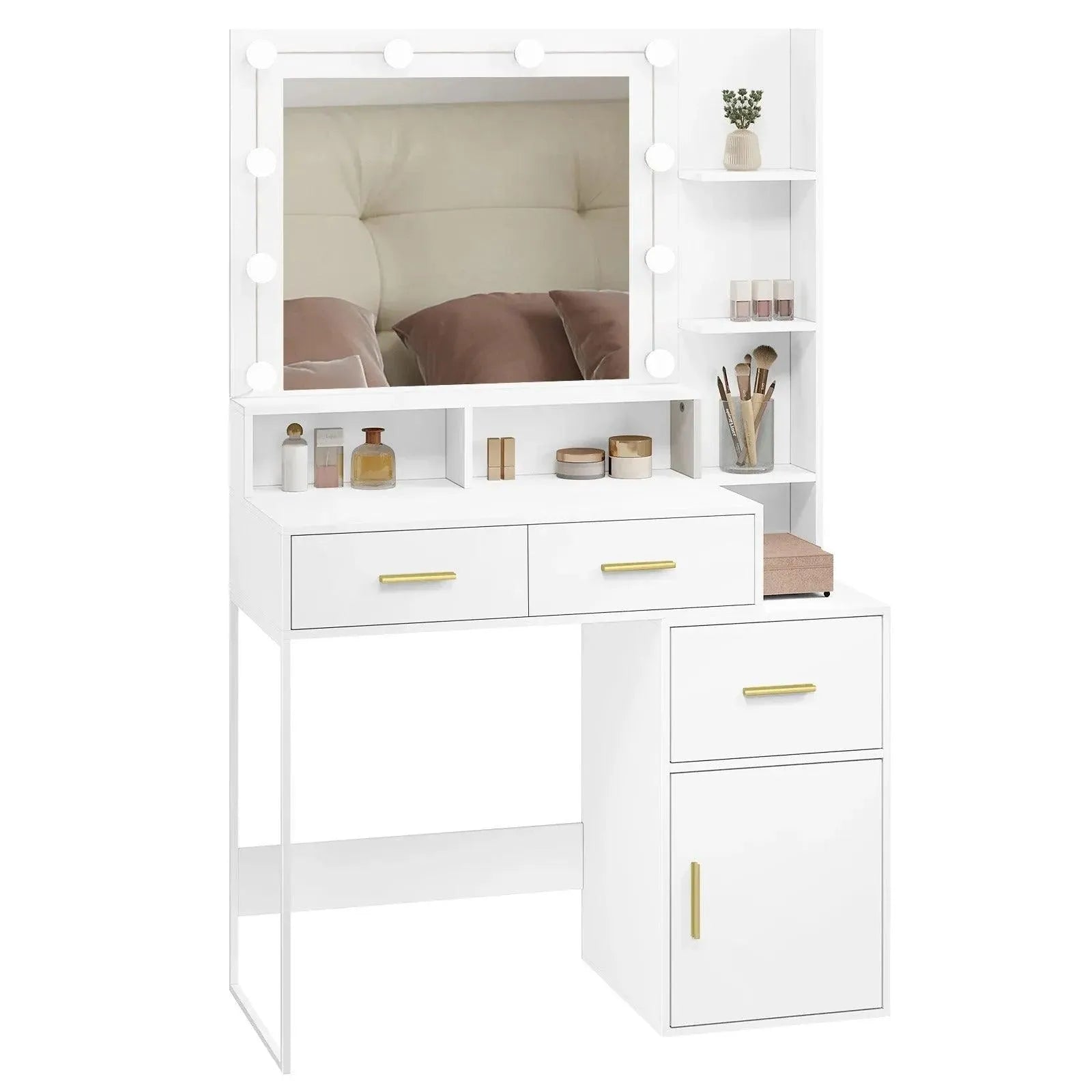 Feronza™ Witte Kaptafel met LED Verlichting en Verstelbare Helderheid 90x143x39,5 cm - Make-uptafel voor Vrouwen - Feronza