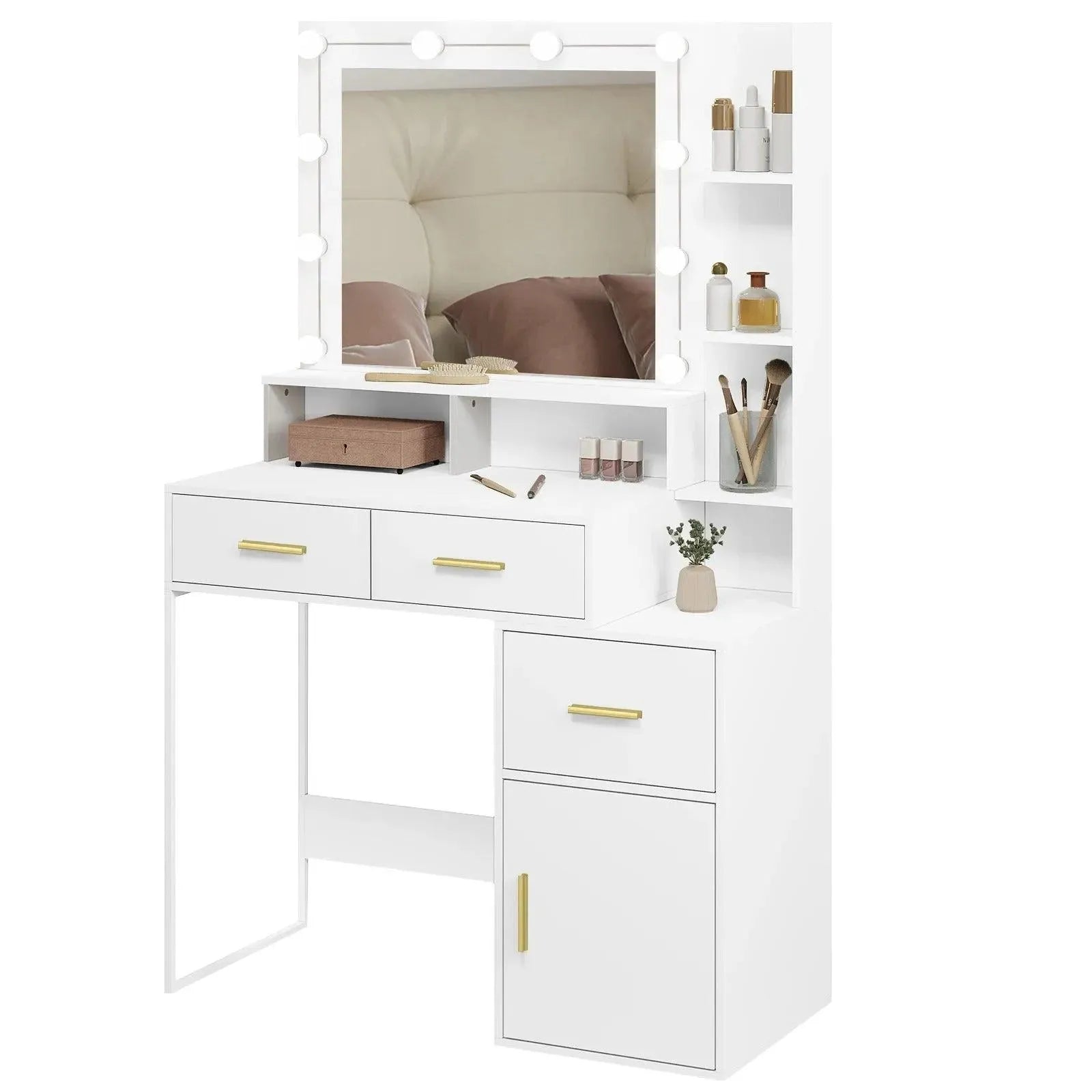 Feronza™ Witte Kaptafel met LED Verlichting en Verstelbare Helderheid 90x143x39,5 cm - Make-uptafel voor Vrouwen - Feronza