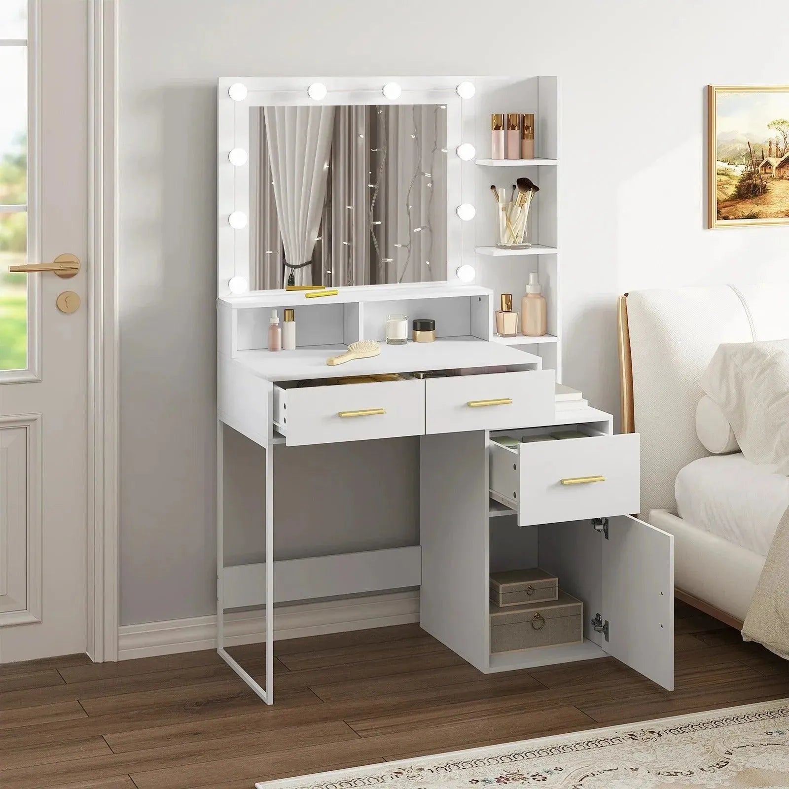 Feronza™ Witte Kaptafel met LED Verlichting en Verstelbare Helderheid 90x143x39,5 cm - Make-uptafel voor Vrouwen - Feronza