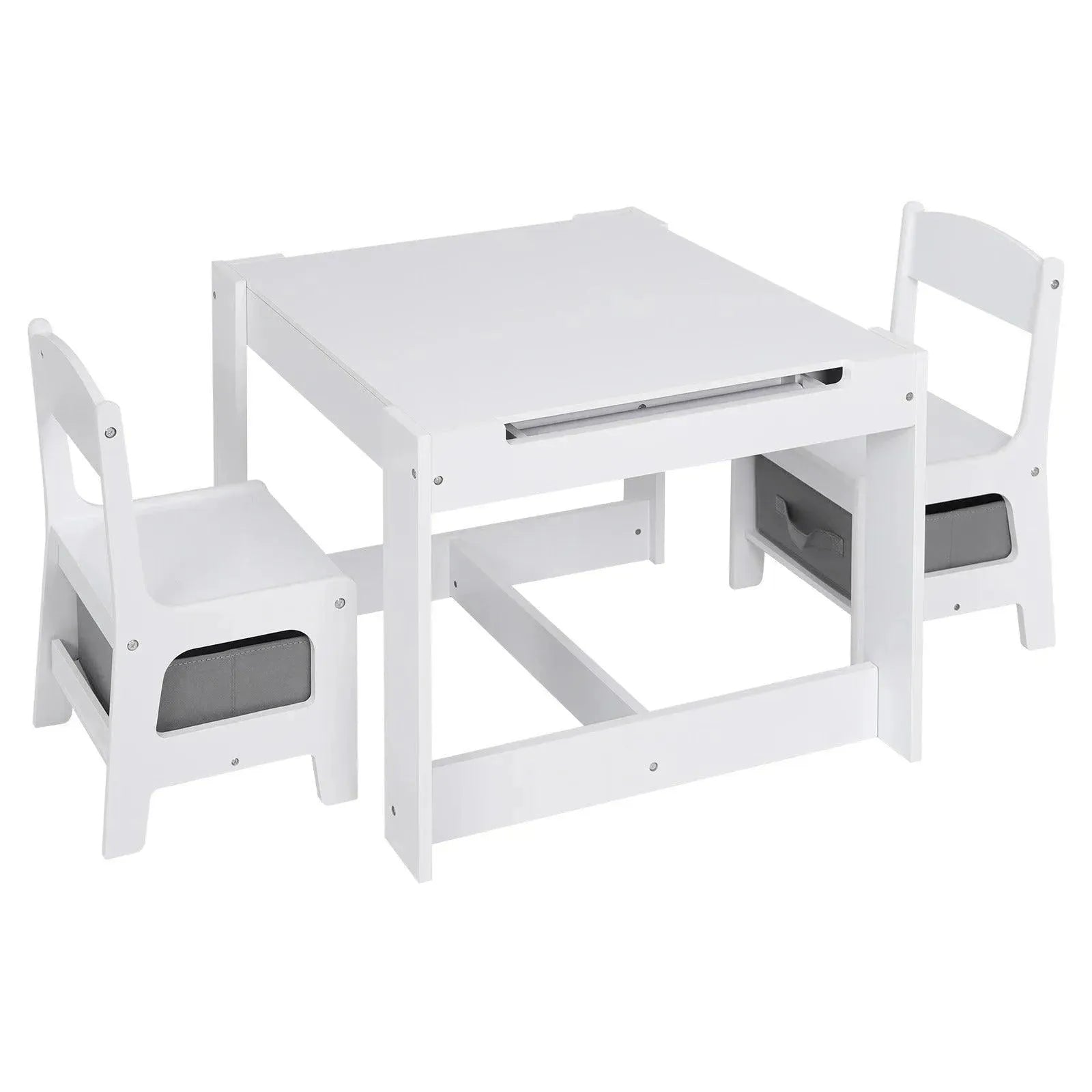 Feronza™ Witte Kinder Tafel met 2 Stoelen en Opbergbak - Omkeerbaar Tafelblad met Blackboard en Papierrol voor Peuters - Feronza