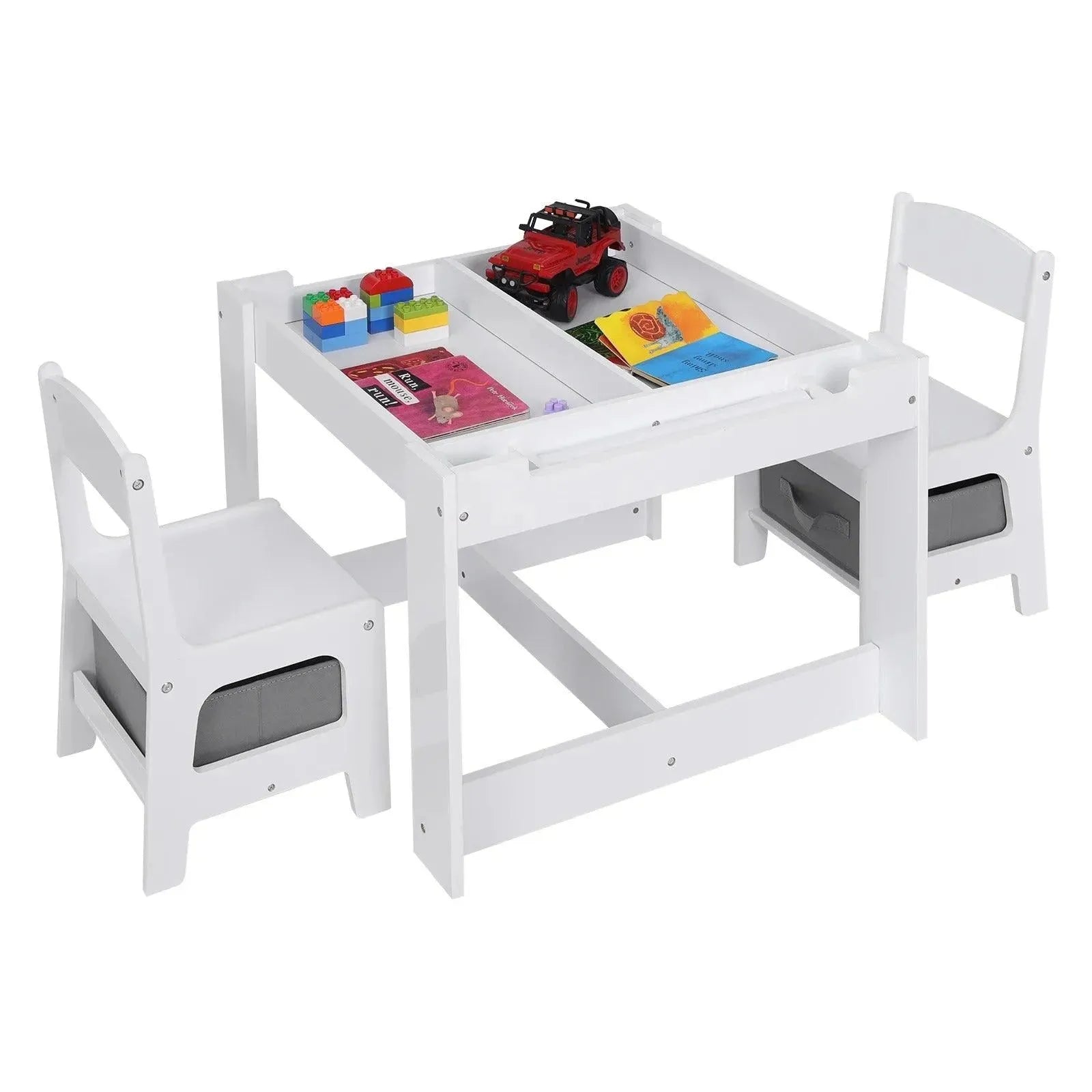 Feronza™ Witte Kinder Tafel met 2 Stoelen en Opbergbak - Omkeerbaar Tafelblad met Blackboard en Papierrol voor Peuters - Feronza
