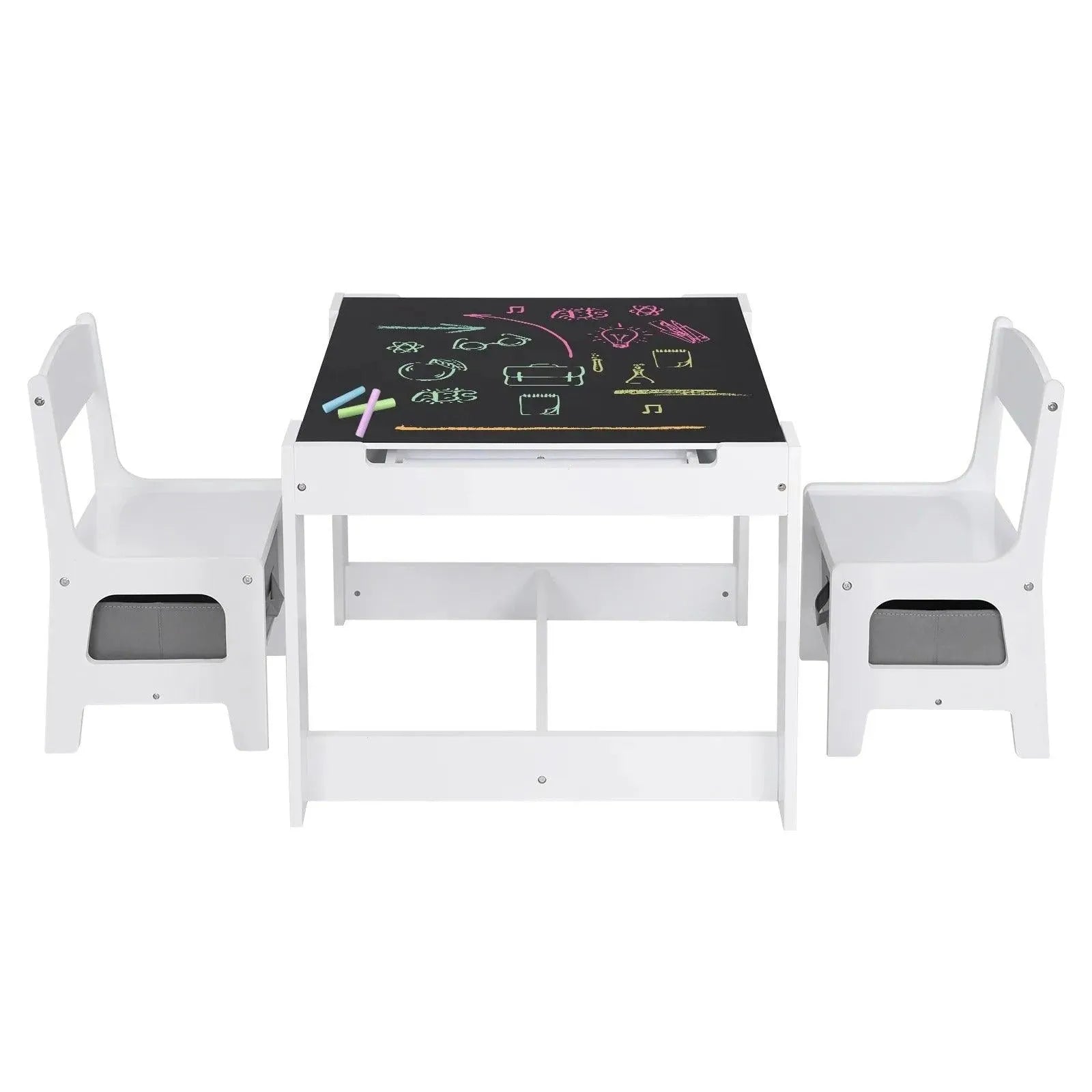 Feronza™ Witte Kinder Tafel met 2 Stoelen en Opbergbak - Omkeerbaar Tafelblad met Blackboard en Papierrol voor Peuters - Feronza
