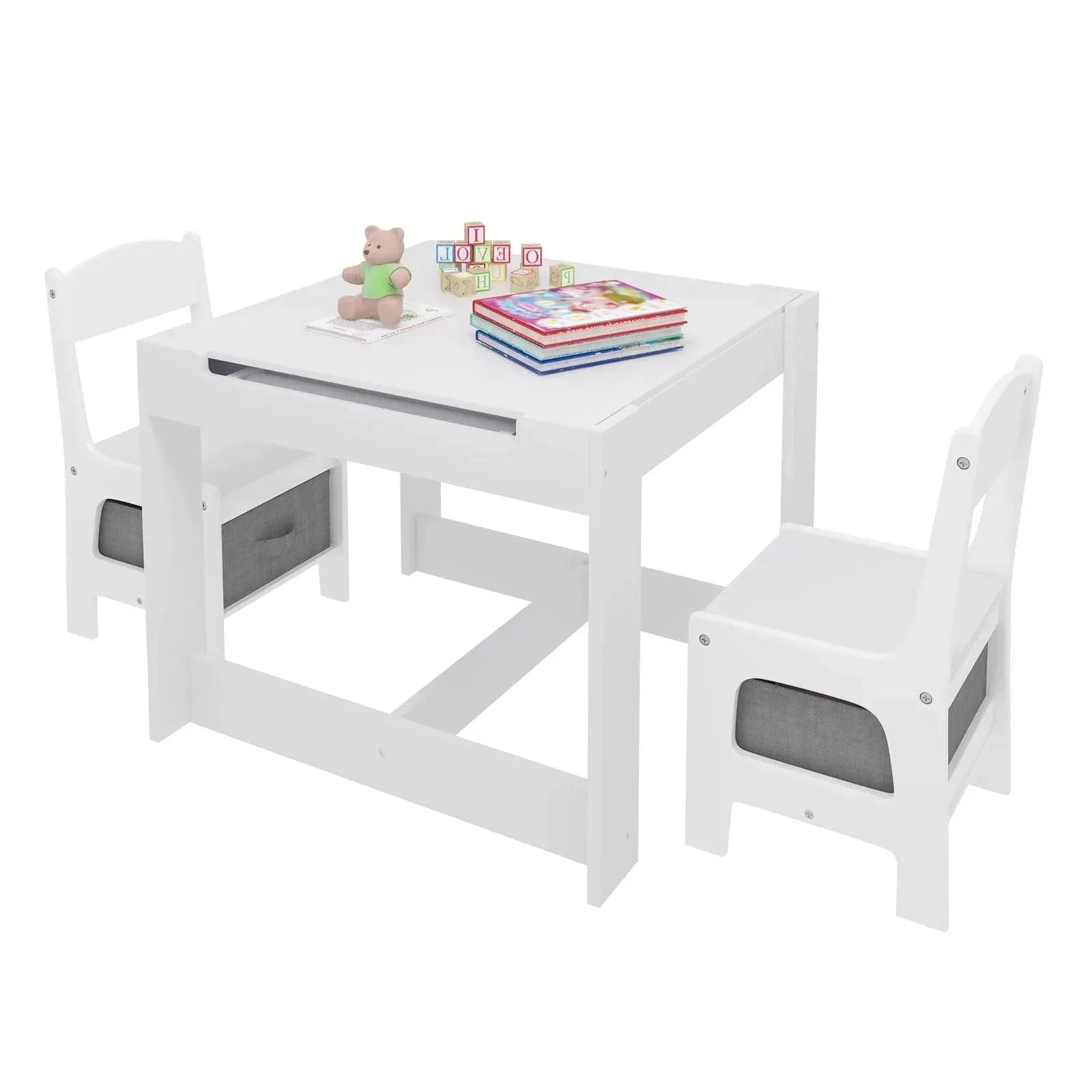 Feronza™ Witte Kinder Tafel met 2 Stoelen en Opbergbak - Omkeerbaar Tafelblad met Blackboard en Papierrol voor Peuters - Feronza
