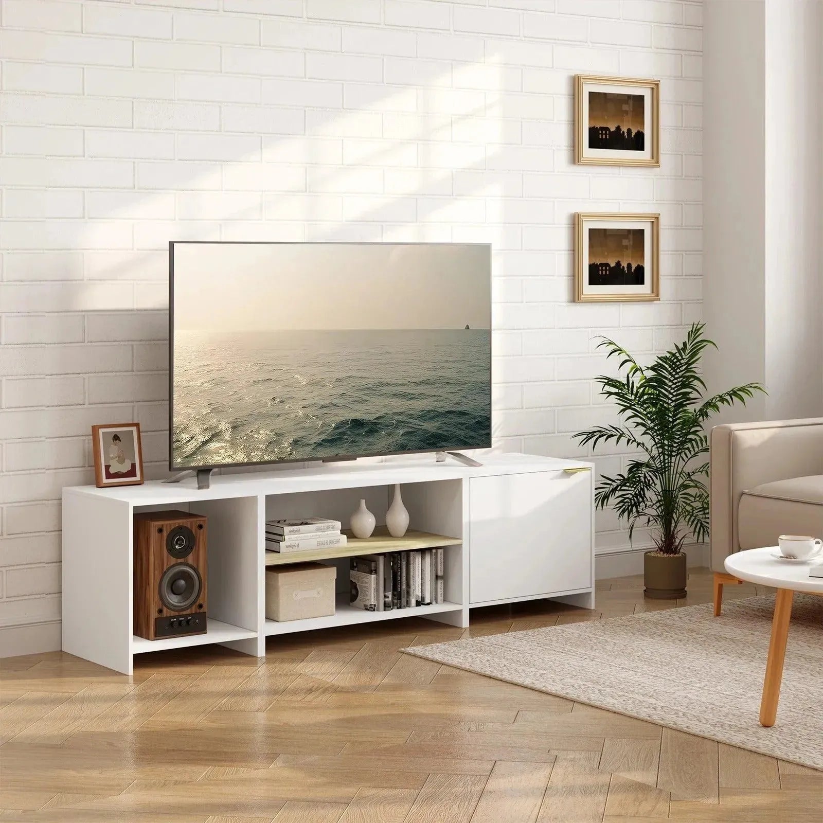 Feronza™ Witte TV Kast 160x45x39 cm – TV Stand met Verstelbare Plank, 1 Kast, 3 Compartimenten, Afneembaar Ontwerp voor Woonkamer - Feronza
