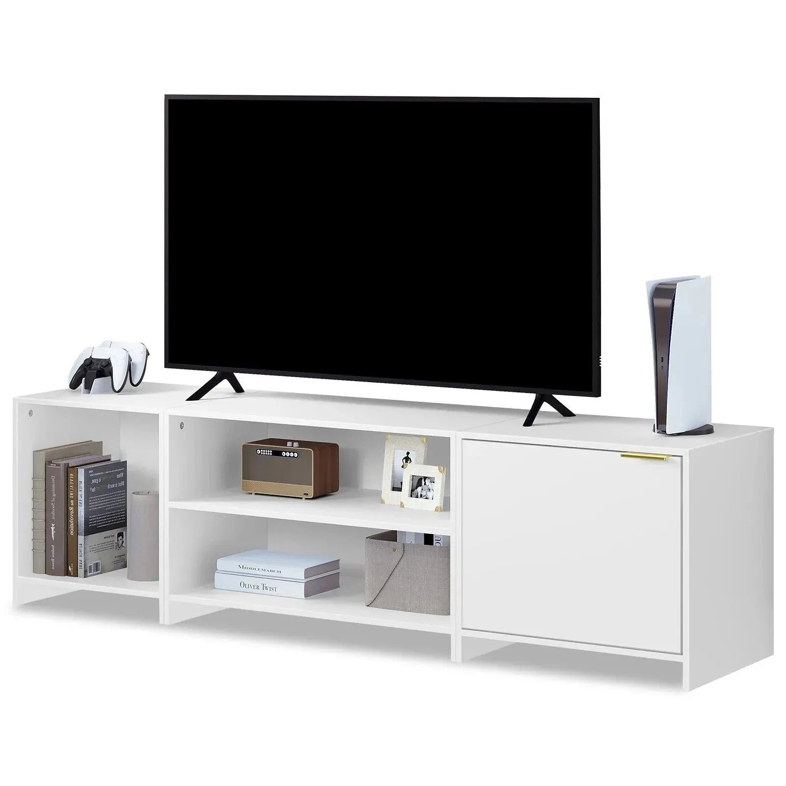 Feronza™ Witte TV Stand 160x45x39 cm – Afneembaar TV Meubel met 3 Open Compartimenten en 1 Deur, Lowboard voor TV en Woonkamer - Feronza