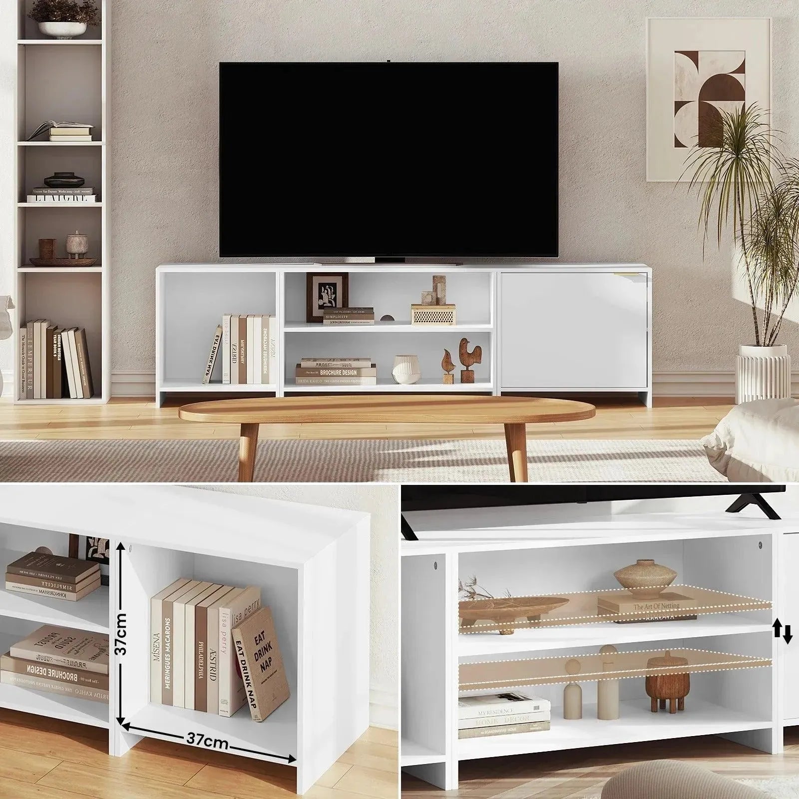 Feronza™ Witte TV Stand 160x45x39 cm – Afneembaar TV Meubel met 3 Open Compartimenten en 1 Deur, Lowboard voor TV en Woonkamer - Feronza