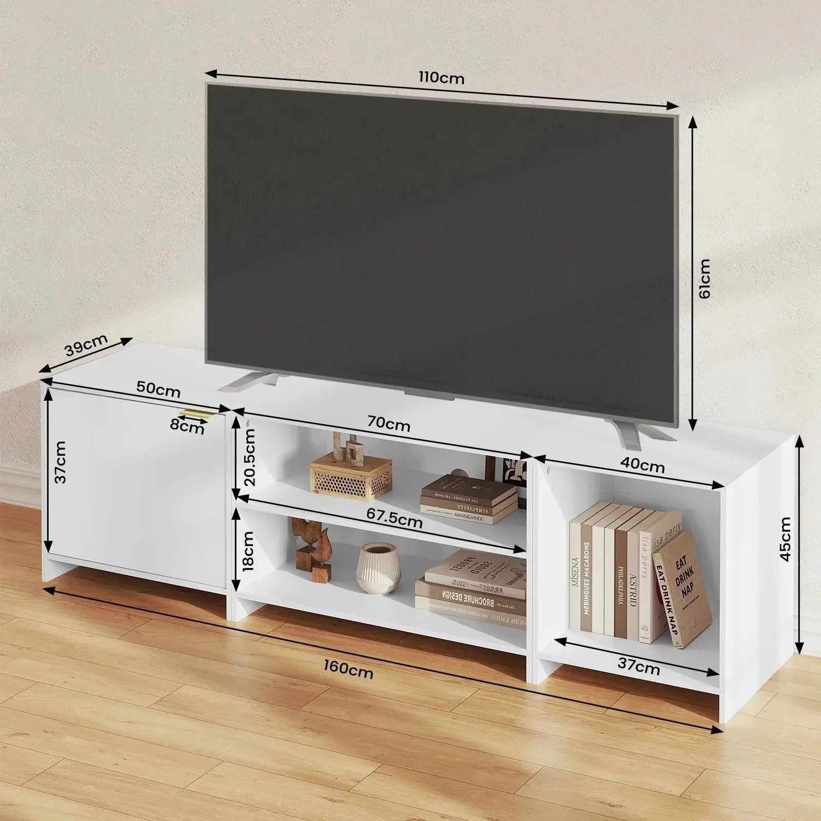 Feronza™ Witte TV Stand 160x45x39 cm – Afneembaar TV Meubel met 3 Open Compartimenten en 1 Deur, Lowboard voor TV en Woonkamer - Feronza