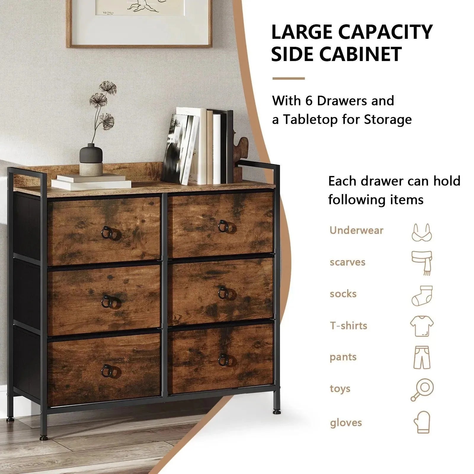 Feronza™ Woonkamer Kast – Ladenkast met 6 Stoffen Lades, Opberg Sideboard voor Slaapkamer, Hal en Thuisorganisatie - Feronza