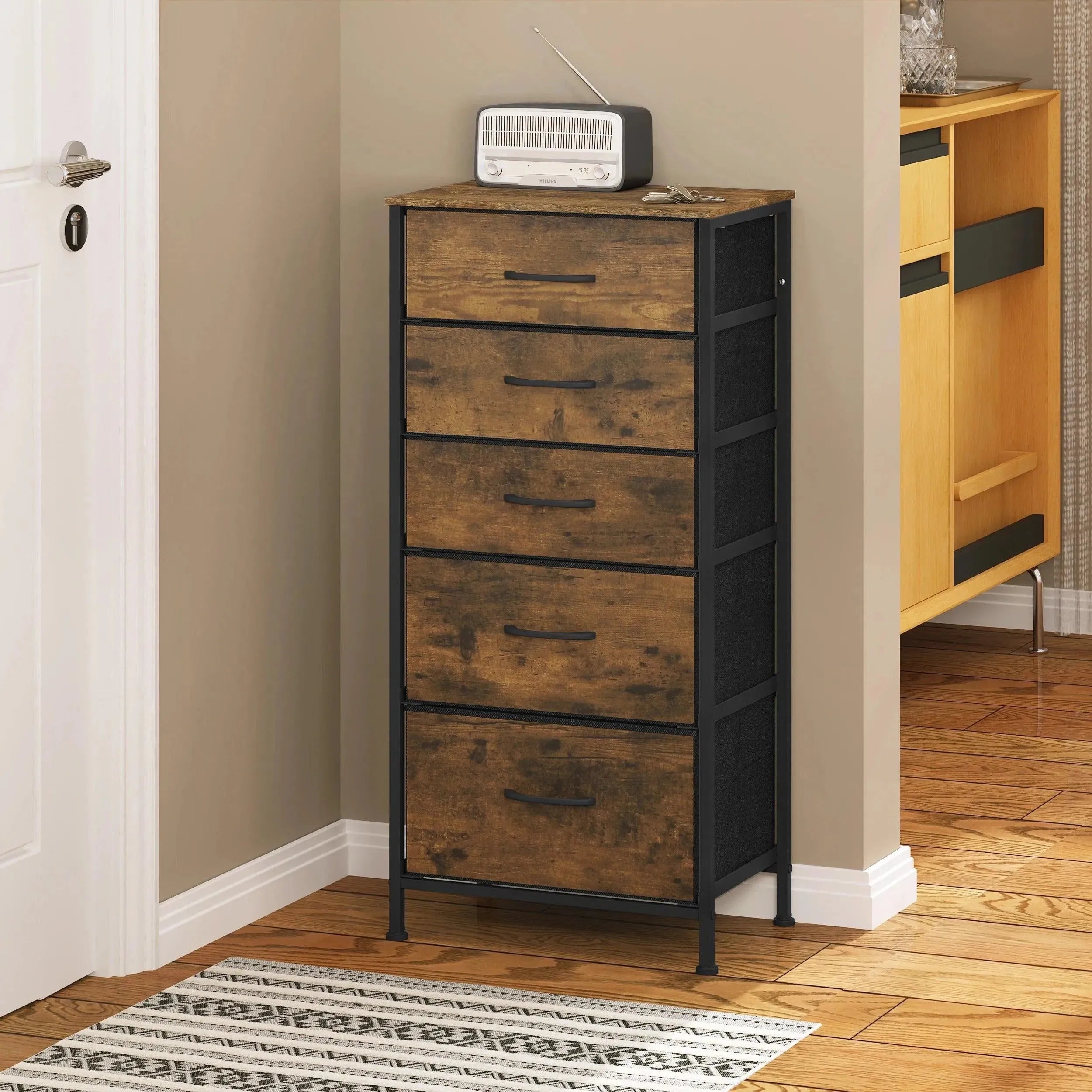 Feronza™ Woonkamer Kast – Rustiek Bruine Opbergunit met 5 Stoffen Lades, Chiffonier en Kledingkast - Feronza