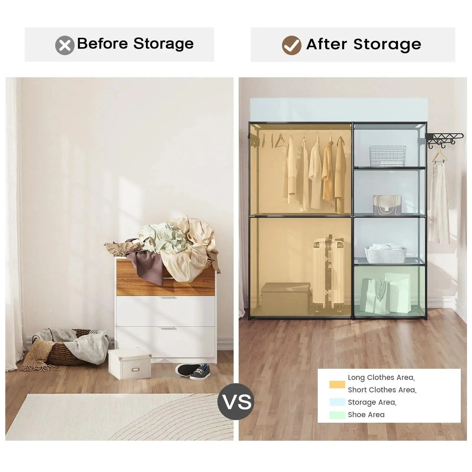 Feronza™ Zwart Kledingrek met 8 Opbergplanken, Hangstang en Haken voor Slaapkamer en Kledingkamer - Feronza