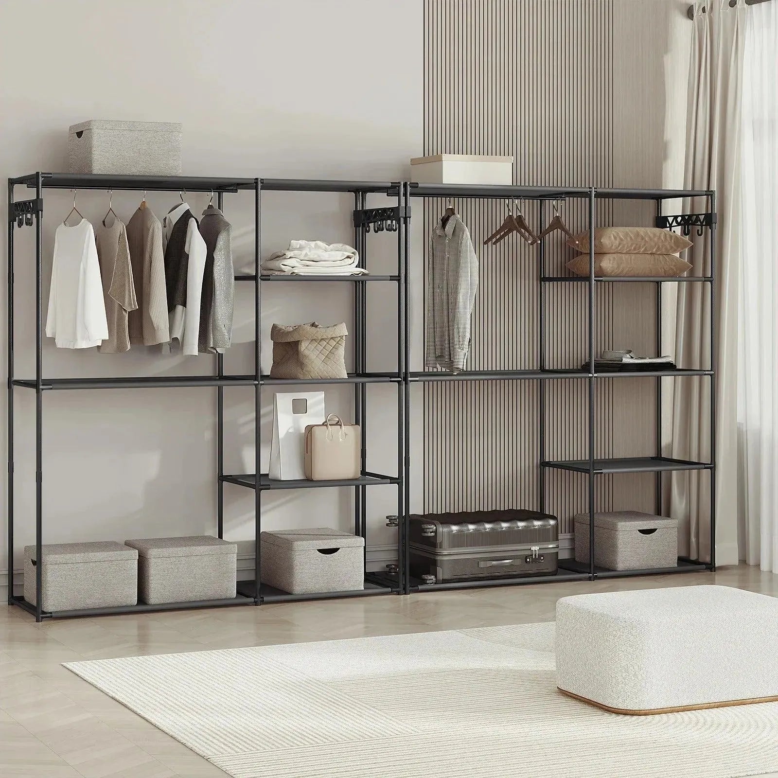 Feronza™ Zwart Kledingrek met 8 Opbergplanken, Hangstang en Haken voor Slaapkamer en Kledingkamer - Feronza