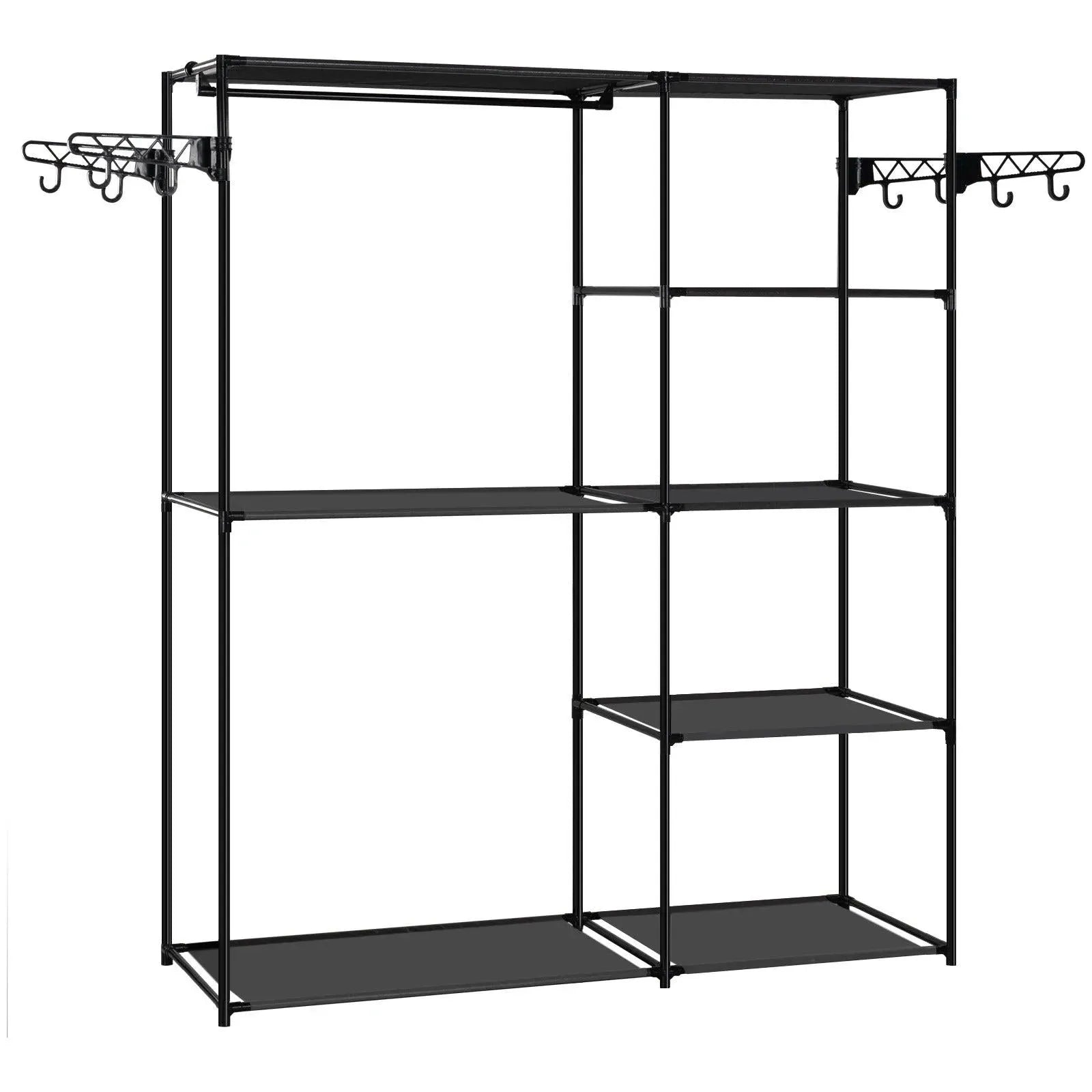 Feronza™ Zwart Kledingrek met 8 Opbergplanken, Hangstang en Haken voor Slaapkamer en Kledingkamer - Feronza
