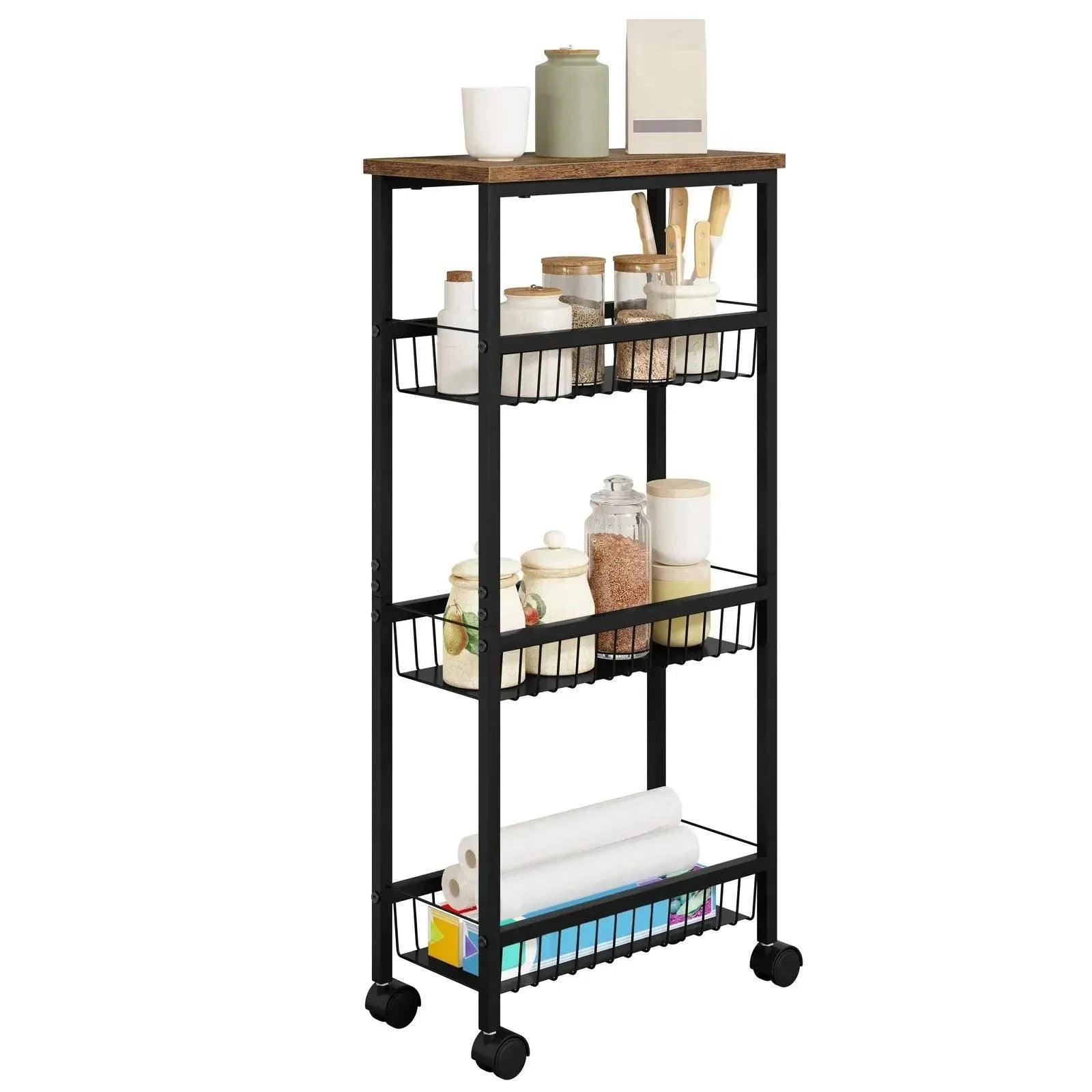 Feronza™ Zwarte Keuken Trolley met Werkblad en 3 Metalen Mandjes 40x87x20cm - Feronza