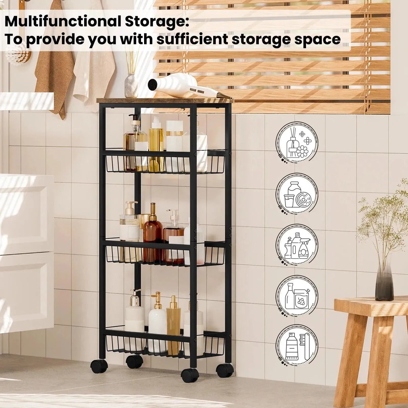 Feronza™ Zwarte Keuken Trolley met Werkblad en 3 Metalen Mandjes 40x87x20cm - Feronza