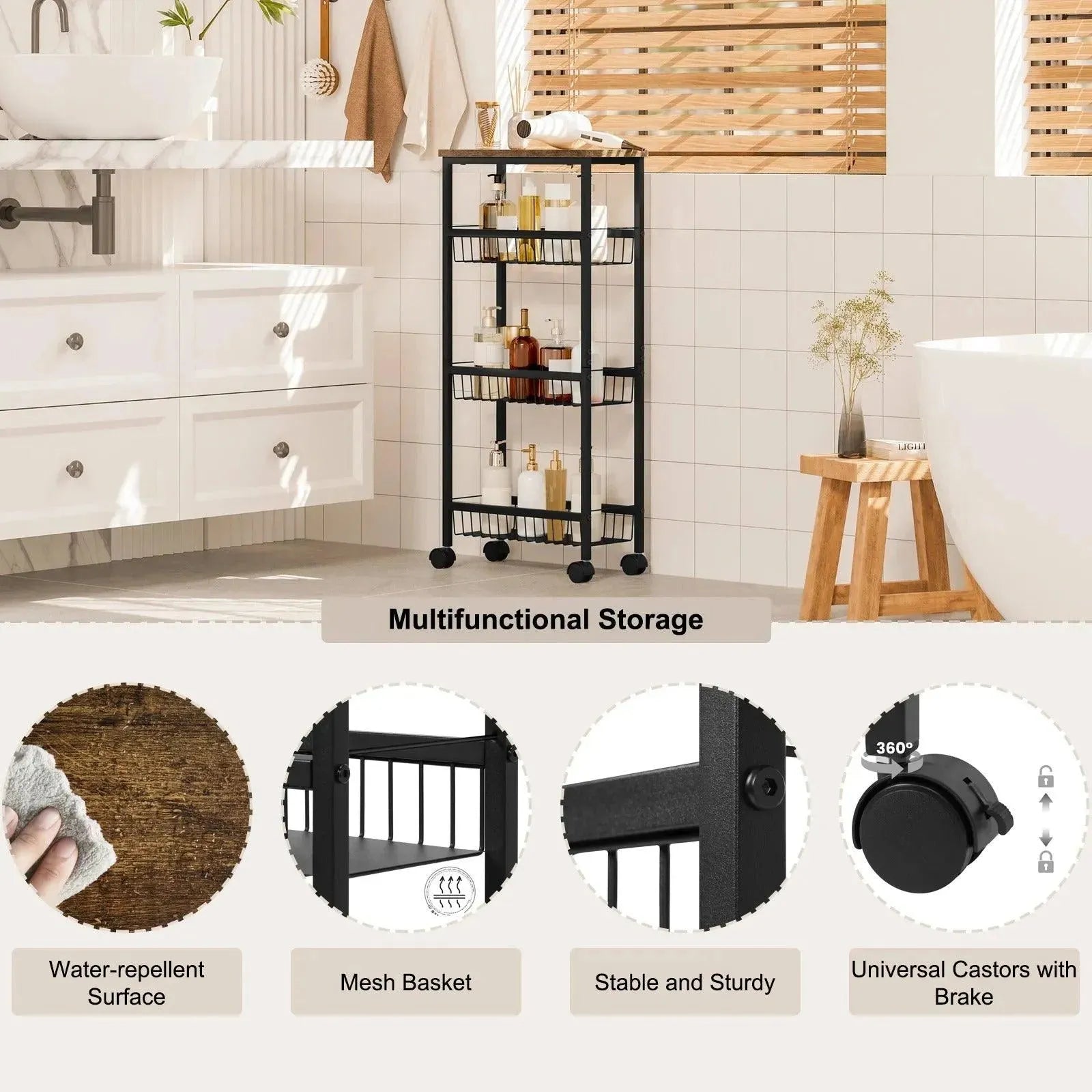 Feronza™ Zwarte Keuken Trolley met Werkblad en 3 Metalen Mandjes 40x87x20cm - Feronza