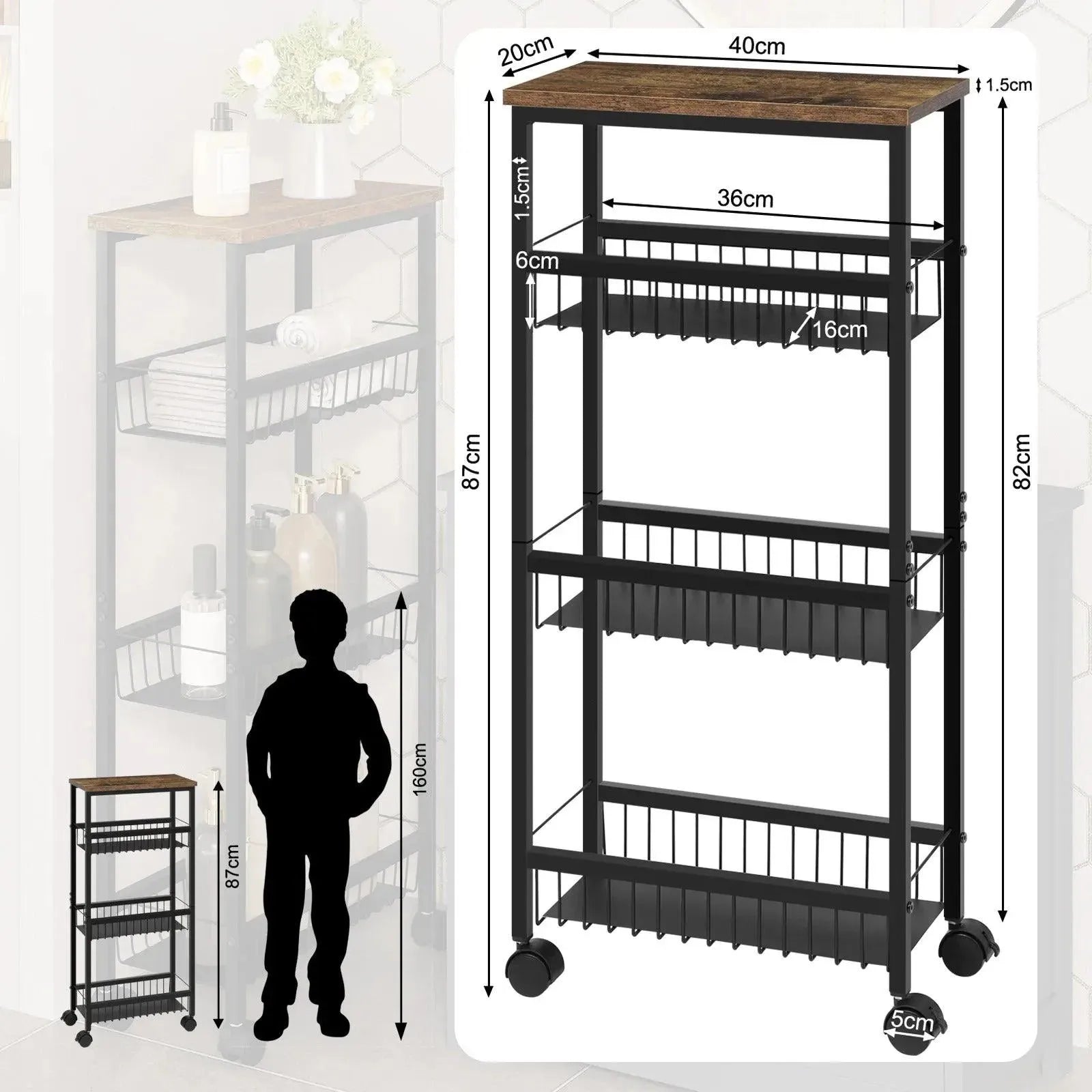 Feronza™ Zwarte Keuken Trolley met Werkblad en 3 Metalen Mandjes 40x87x20cm - Feronza