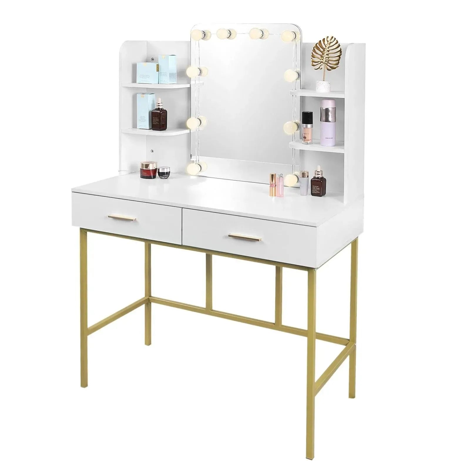 Feronza™ Moderne Dresser met LED Verlichting en Spiegel, Wit Gouden Make-up Tafel met 2 Lades voor de Slaapkamer