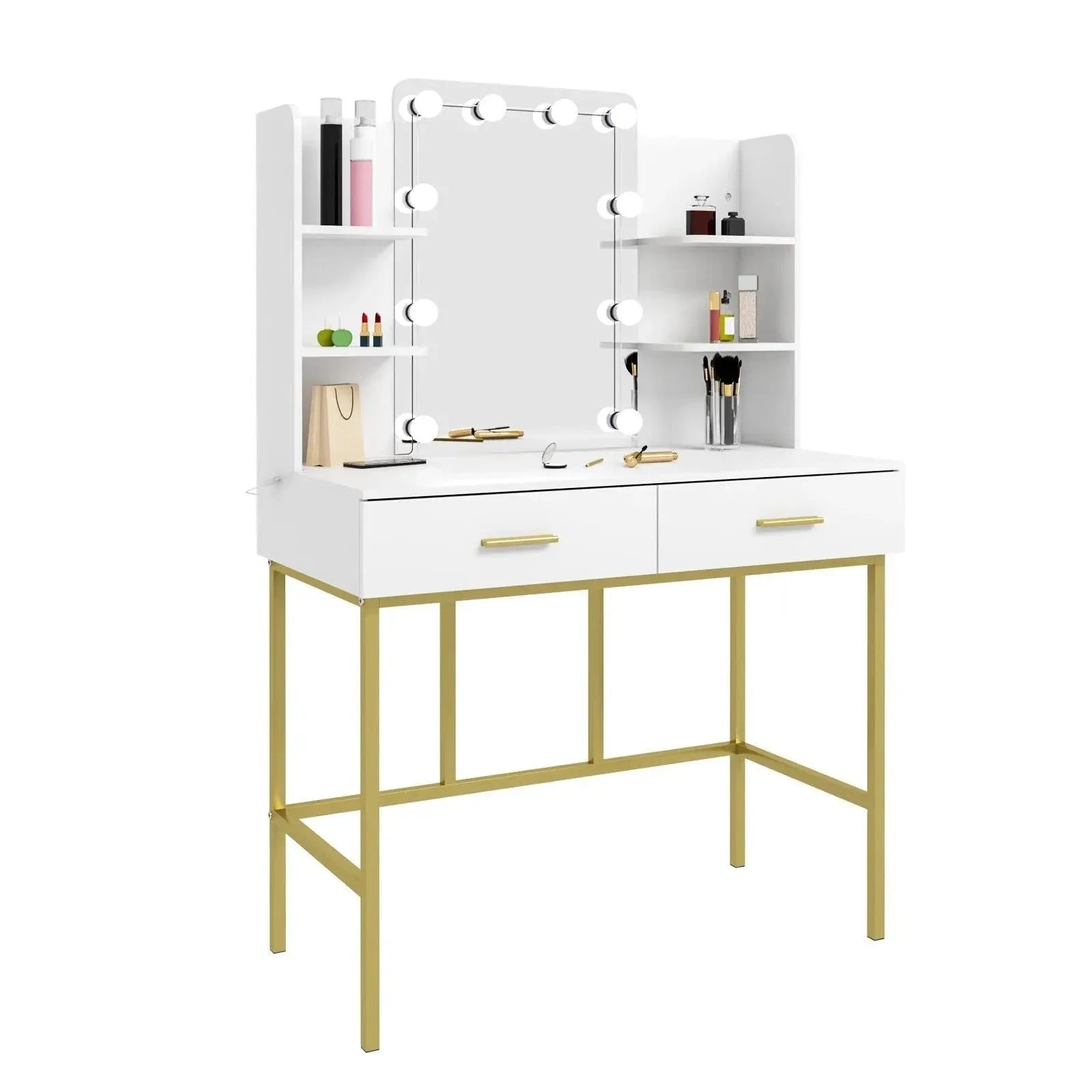 Feronza™ Moderne Dresser met LED Verlichting en Spiegel, Wit Gouden Make-up Tafel met 2 Lades voor de Slaapkamer